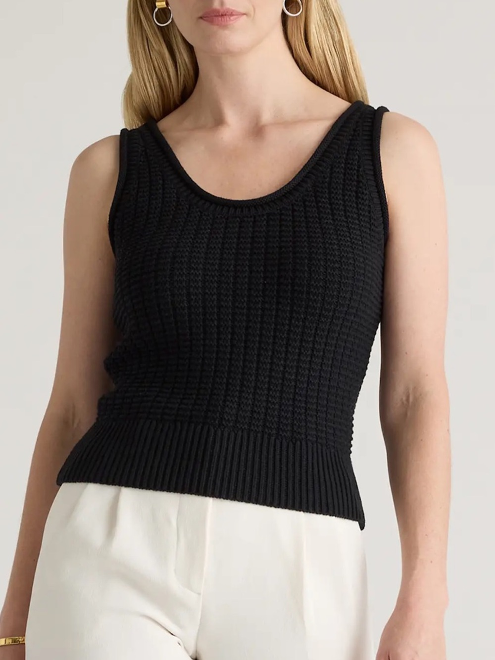 Quince 100% Organic Cotton Waffle Cropped Sweater Tank medium black